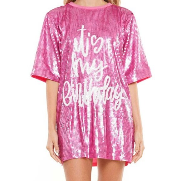 Sequin T-shirt "It's my birthday" dress - PINK - Picture 2 of 3